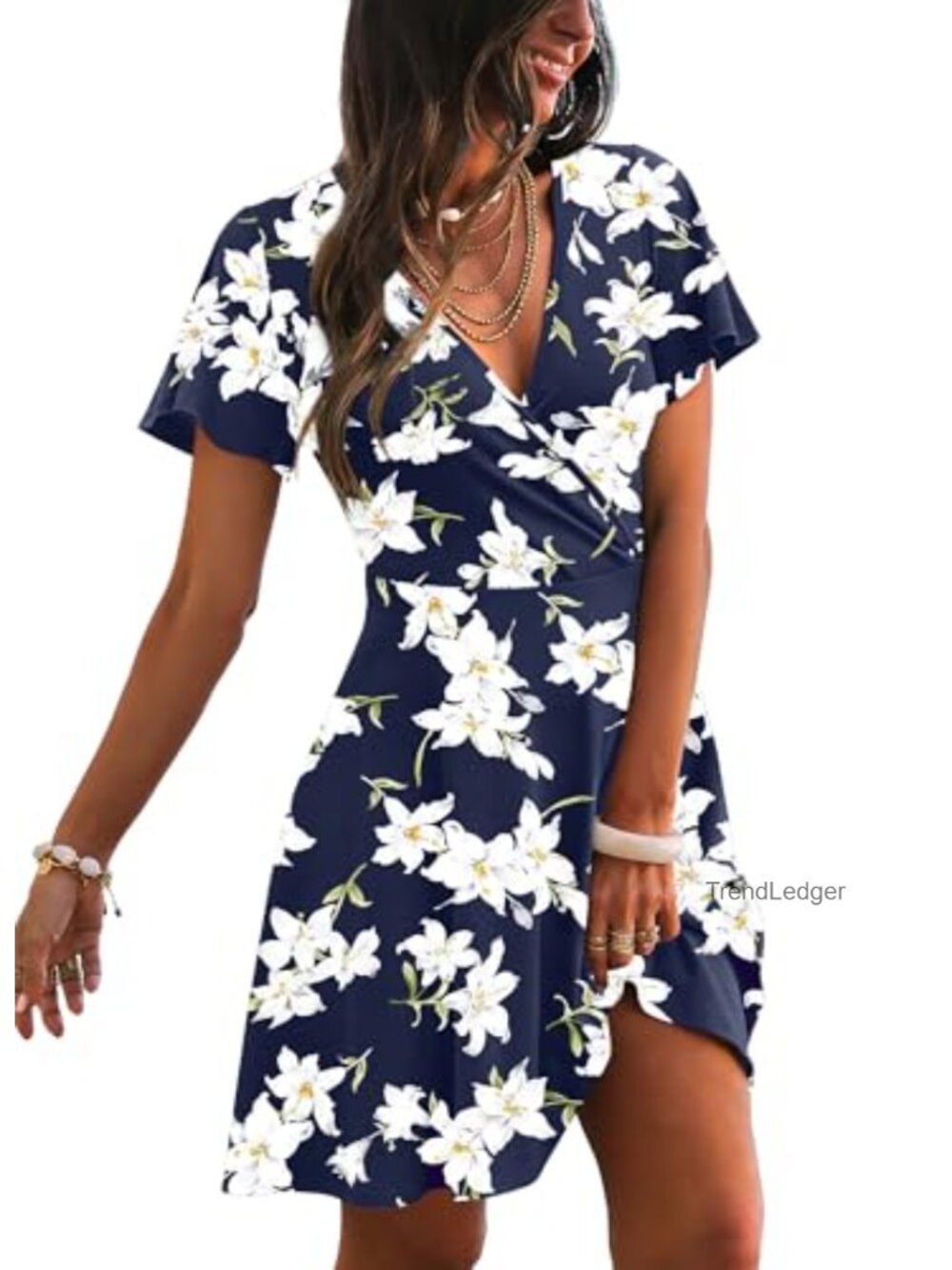 Women Wrap V-Neck A-Line Sundress Ruffle Sleeve Summer Casual Dress